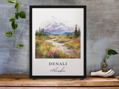 Denali traditional travel art - Alaska, Denali National park poster, Wedding gift, Birthday present, Custom Text, Personalised Gift