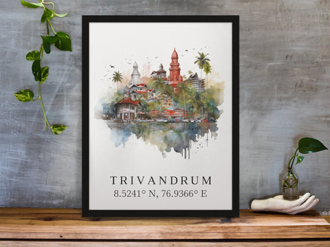 Trivandrum traditional travel art - India, Trivandrum poster, Wedding gift, Birthday present, Custom Text, Personalised Text