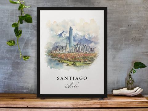 Santiago traditional travel art - Chile, Santiago poster, Wedding gift, Birthday present, Custom Text, Personalised Gift