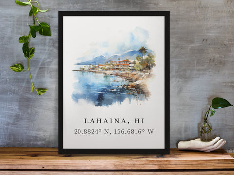Lahaina traditional travel art - Maui, Lahaina Hawaii poster, Wedding gift, Birthday present, Custom Text, Personalised Gift