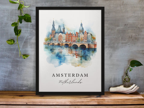 Amsterdam traditional travel art - The Netherlands, Amsterdam poster, Wedding gift, Birthday present, Custom Text, Personalised Gift