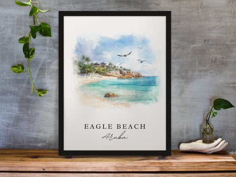 Eagle Beach traditional travel art - Aruba, Eagle Beach poster, Wedding gift, Birthday present, Custom Text, Personalised Gift