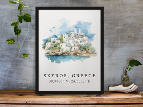 Skyros traditional travel art - Greece, Skyros poster, Wedding gift, Birthday present, Custom Text, Personalised Gift