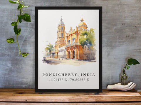 Pondicherry traditional travel art - India, Pondicherry poster, Wedding gift, Birthday present, Custom Text, Personalised Gift