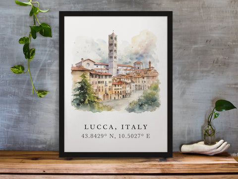Lucca traditional travel art - Italy, Lucca poster, Wedding gift, Birthday present, Custom Text, Personalised Gift