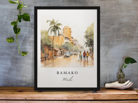Bamako traditional travel art - Mali, Bamako poster, Wedding gift, Birthday present, Custom Text, Personalised Gift