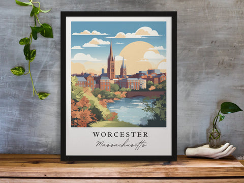 Worcester traditional travel art - Massachusetts, Worcester poster, Wedding gift, Birthday present, Custom Text, Personalised Gift