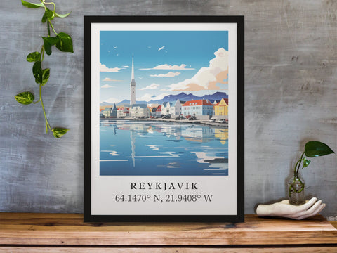 Reykjavik traditional travel art - Iceland, Reykjavik poster, Wedding gift, Birthday present, Custom Text, Personalised Gift