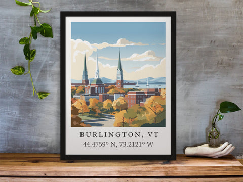 Burlington traditional travel art - Vermont, Burlington poster, Wedding gift, Birthday present, Custom Text, Personalised Gift