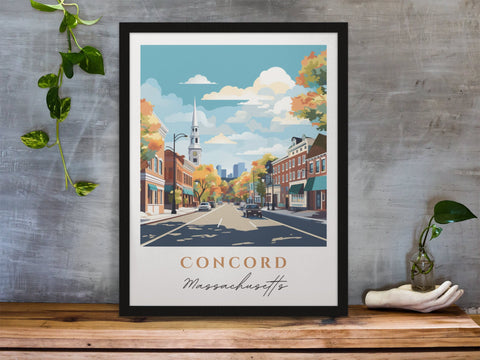 Concord traditional travel art - Massachusetts, Concord poster, Wedding gift, Birthday present, Custom Text, Personalised Gift