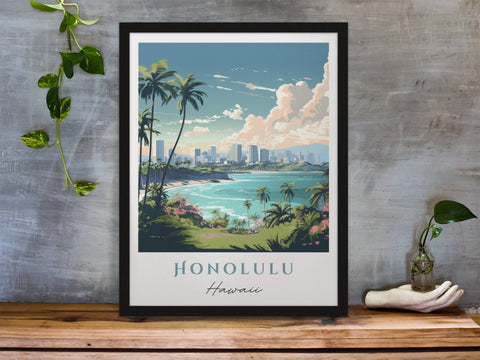 Honolulu traditional travel art - Hawaii, Honolulu poster, Wedding gift, Birthday present, Custom Text, Personalised Gift