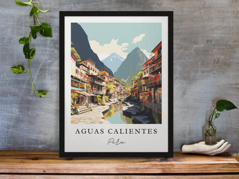 Aguas Calientes traditional travel art - Peru, Aguas Calientes poster, Wedding gift, Birthday present, Custom Text, Personalised Gift