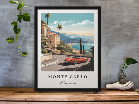 Monte Carlo traditional travel art - South of France, Monte Carlo poster, Wedding gift, Birthday present, Custom Text, Personalised Gift