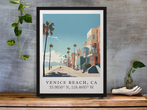 Venice Beach traditional travel art - California, Venice Beach poster, Wedding gift, Birthday present, Custom Text, Personalised Gift