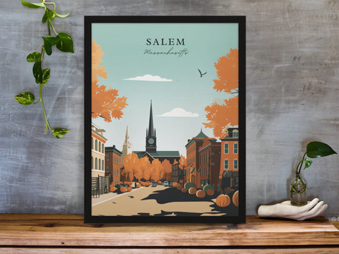 Salem traditional travel art - Massachusetts, Salem Autumn Halloween poster, Wedding gift, Birthday present, Custom Text, Personalised Gift