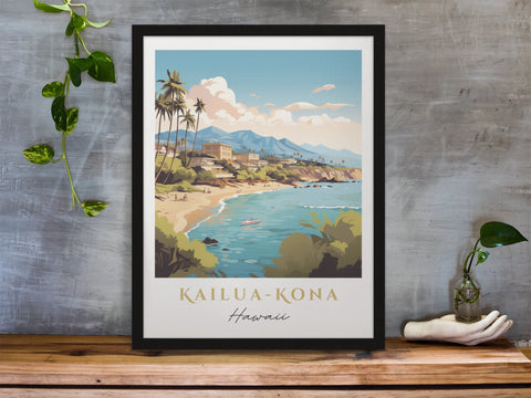 Kona traditional travel art - Hawaii, Kailua-Kona poster, Wedding gift, Birthday present, Custom Text, Personalised Gift
