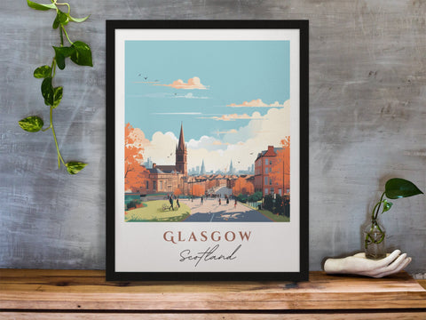 Glasgow traditional travel art - Scotland, Glasgow poster, Wedding gift, Birthday present, Custom Text, Personalised Gift