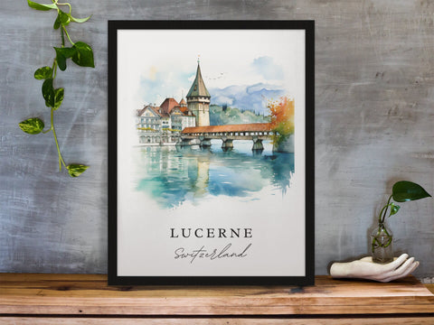Lucerne traditional travel art - Switzerland, Lucerne poster, Wedding gift, Birthday present, Custom Text, Personalised Gift