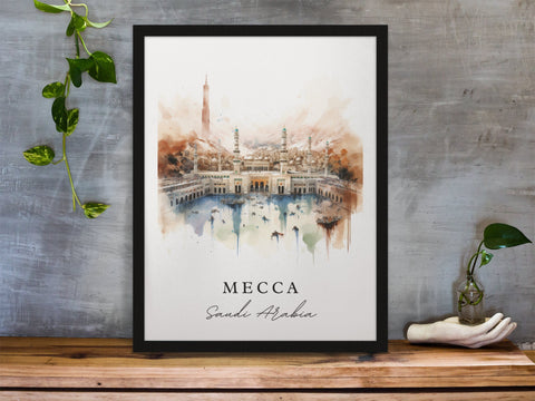 Mecca traditional travel art - Saudi Arabia, Mecca poster, Wedding gift, Birthday present, Custom Text, Personalized Gift