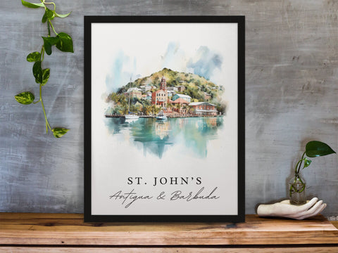 St Johns traditional travel art - Antigua and Barbuda, St Johns poster, Wedding gift, Birthday present, Custom Text, Personalized Gift