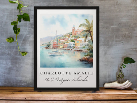 Charlotte Amalie traditional travel art - U.S. Virgin Islands, Charlotte Amalie poster, Wedding gift, Birthday present, Custom Text
