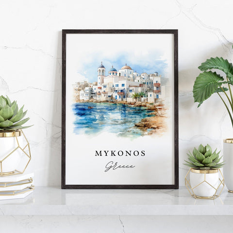 Mykonos traditional travel art - Greece, Mykonos poster, Wedding gift, Birthday present, Custom Text, Personalised Gift