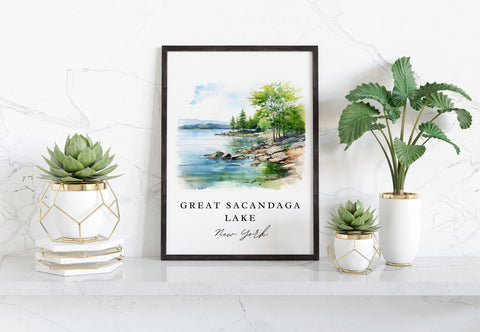 Sacandaga Lake traditional travel art - New York, Sacandaga Lake poster, Wedding gift, Birthday present, Custom Text, Personalized Gift