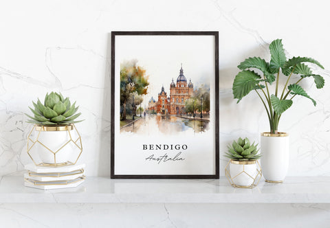 Bendigo traditional travel art - Australia, Bendigo poster, Wedding gift, Birthday present, Custom Text, Personalized Gift