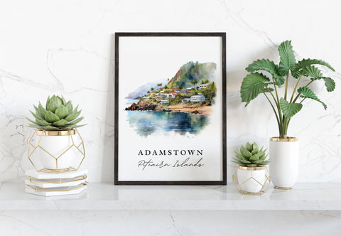 Adamstown traditional travel art - Pitcairn Islands, Adamstown poster, Wedding gift, Birthday present, Custom Text, Personalized Gift