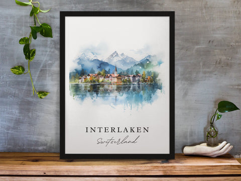Interlaken traditional travel art - Switzerland, Interlaken poster, Wedding gift, Birthday present, Custom Text, Personalised Gift