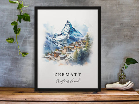 Zermatt traditional travel art - Switzerland, Zermatt poster, Wedding gift, Birthday present, Custom Text, Personalised Gift