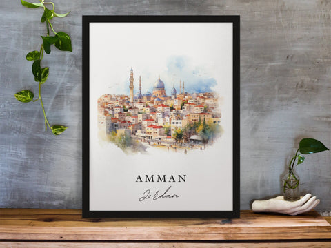 Amman traditional travel art - Jordan, Amman poster, Wedding gift, Birthday present, Custom Text, Personalized Gift