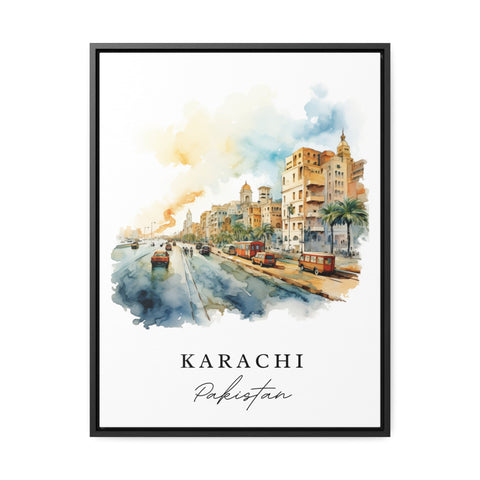 a watercolor painting of a cityscape with the name karaci written