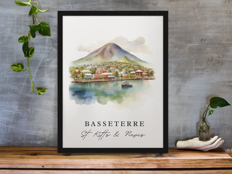 Basseterre traditional travel art - St Kitts and Nevis, Basseterre poster, Wedding gift, Birthday present, Custom Text, Personalized Gift