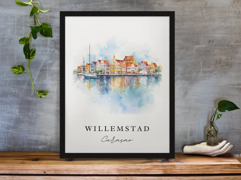 Willemstad traditional travel art - Curacao, Willemstad poster, Wedding gift, Birthday present, Custom Text, Personalized Gift