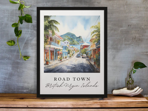 Road Town traditional travel art - BVI, Road Town British Virgin Islands poster, Wedding gift, Birthday present, Custom Text