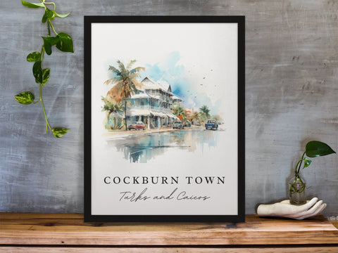 Cockburn Town traditional travel art - Turks and Caicos, Cockburn Town poster, Wedding gift, Birthday present, Custom Text