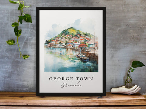 George Town traditional travel art - Grenada, George Town poster, Wedding gift, Birthday present, Custom Text, Personalized Gift