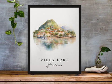 Vieux Fort traditional travel art - St. Lucia, Vieux Fort poster, Wedding gift, Birthday present, Custom Text, Personalized Gift