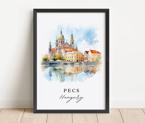 Pecs traditional travel art - Hungary, Pecs poster, Wedding gift, Birthday present, Custom Text, Personalized Gift