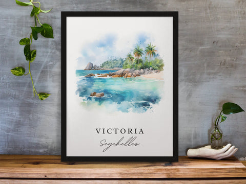 Victoria traditional travel art - Seychelles, Victoria poster, Wedding gift, Birthday present, Custom Text, Personalized Gift