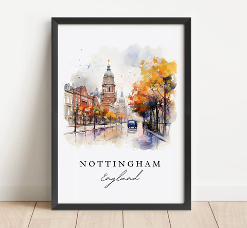 Nottingham traditional travel art - England, Nottingham poster, Wedding gift, Birthday present, Custom Text, Personalized Gift