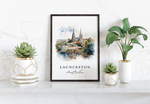 Launceston traditional travel art - Australia, Launceston poster, Wedding gift, Birthday present, Custom Text, Personalized Gift