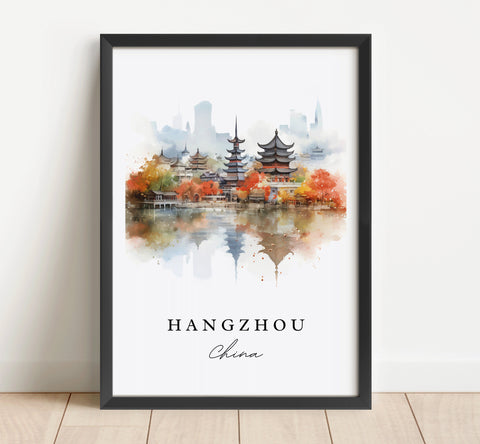 Hangzhou traditional travel art - China, Hangzhou poster, Wedding gift, Birthday present, Custom Text, Personalized Gift