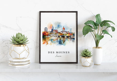 Des Moines traditional travel art - Iowa, Des Moines poster, Wedding gift, Birthday present, Custom Text, Personalized Gift