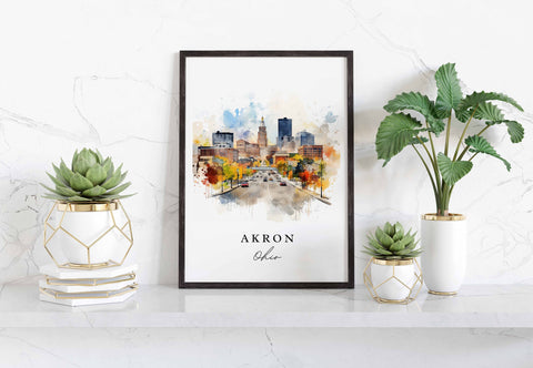 Akron traditional travel art - Ohio, Akron poster, Wedding gift, Birthday present, Custom Text, Personalized Gift