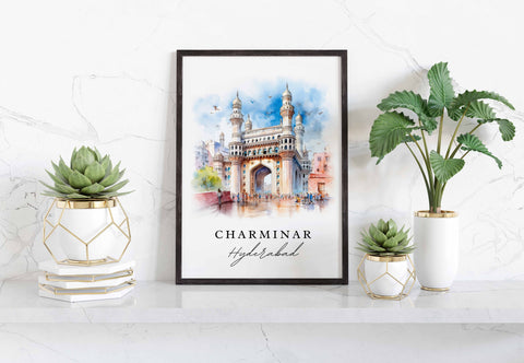 Charminar traditional travel art - Charminar, Hyderabad India poster, Wedding gift, Birthday present, Custom Text, Personalized Gift