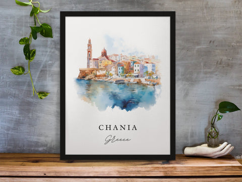 Chania traditional travel art - Grecce, Chania poster, Wedding gift, Birthday present, Custom Text, Personalized Gift
