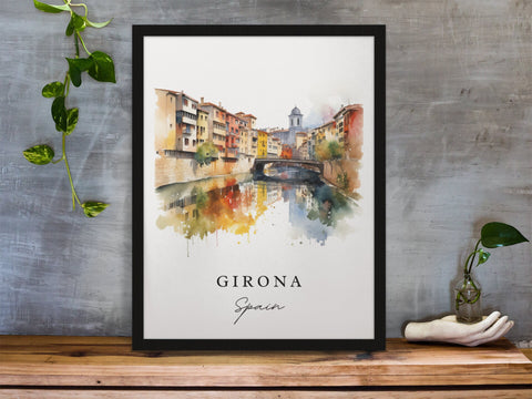 Girona traditional travel art - Spain, Girona poster, Wedding gift, Birthday present, Custom Text, Personalized Gift