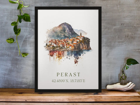 Perast traditional travel art - Montenegro, Perast poster, Wedding gift, Birthday present, Custom Text, Personalised Gift